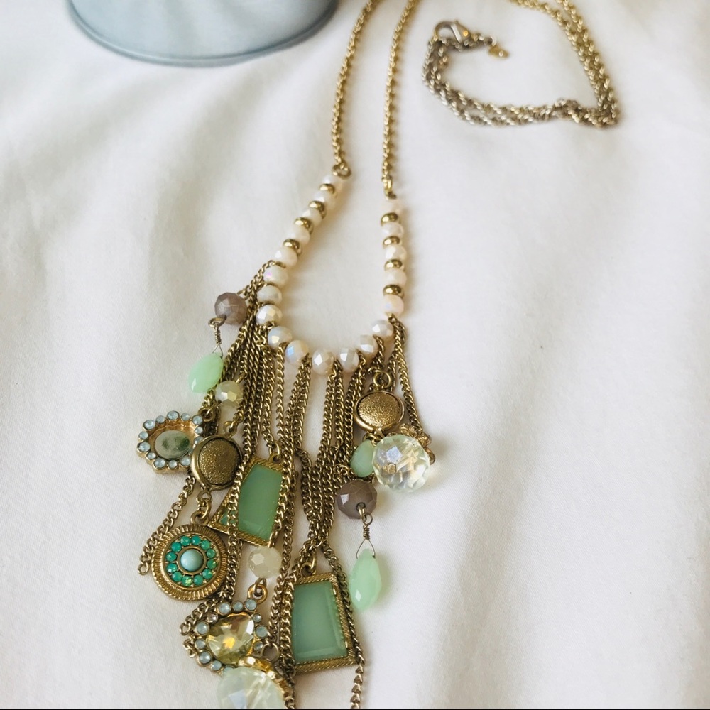 Gold Necklace with Sea Foam  Green Charms